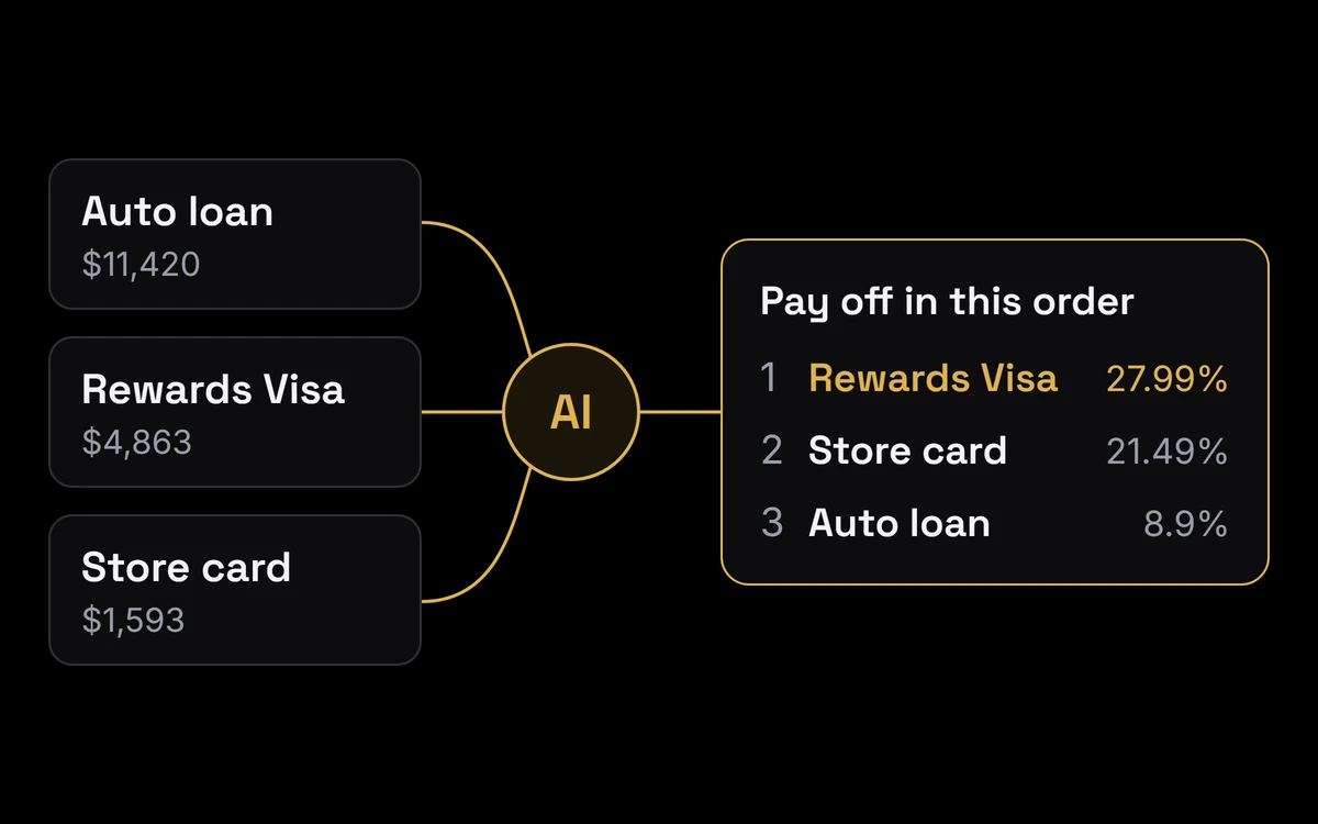 Three accounts go into AI, which gives the order to pay them off: Rewards Visa at 27.99%, Store card at 21.49%, Auto loan at 8.9%